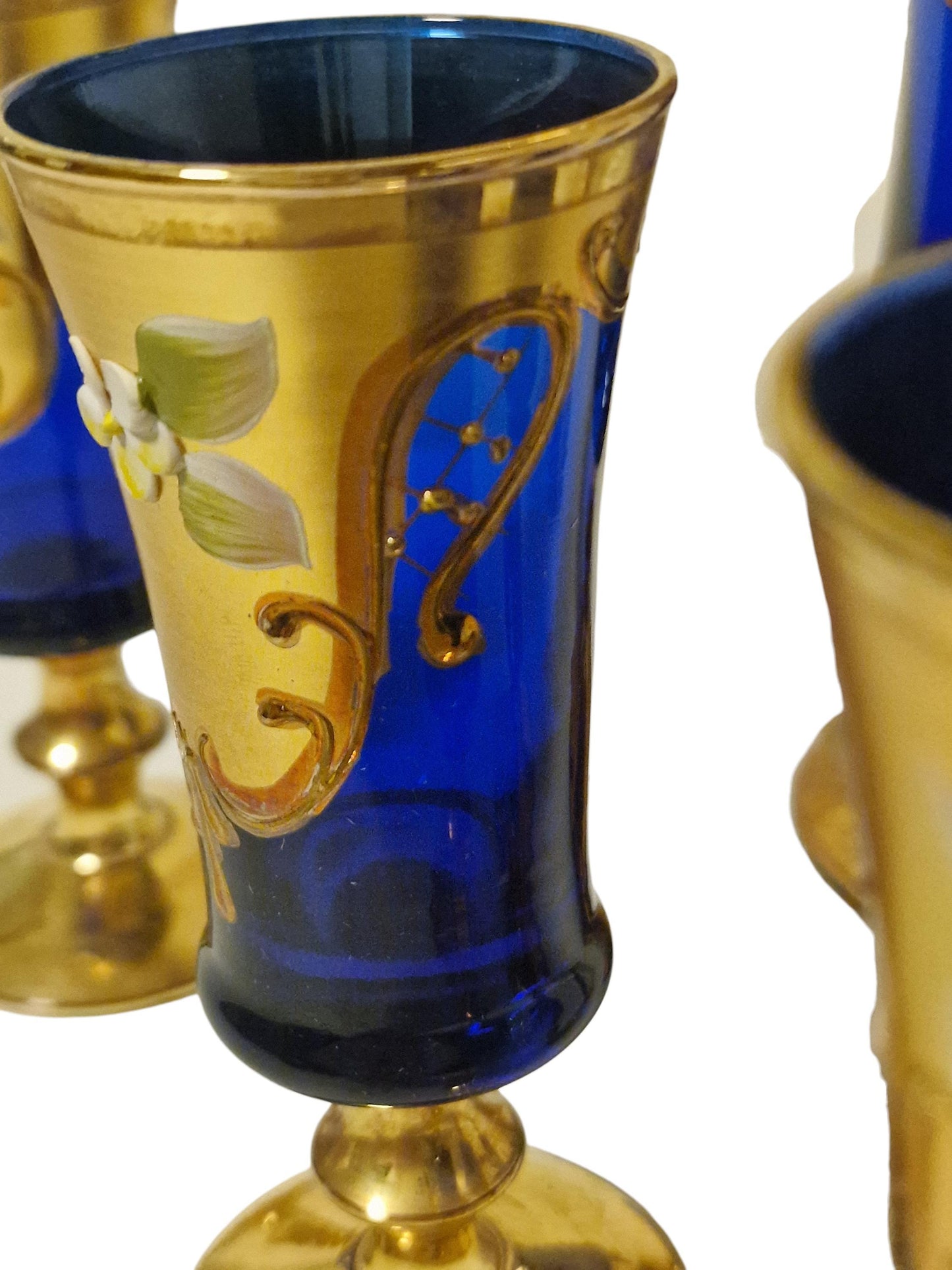 Murano Decanter & Sherry Glasses Set, 24K Gold Cobalt, Mid-Century Barware