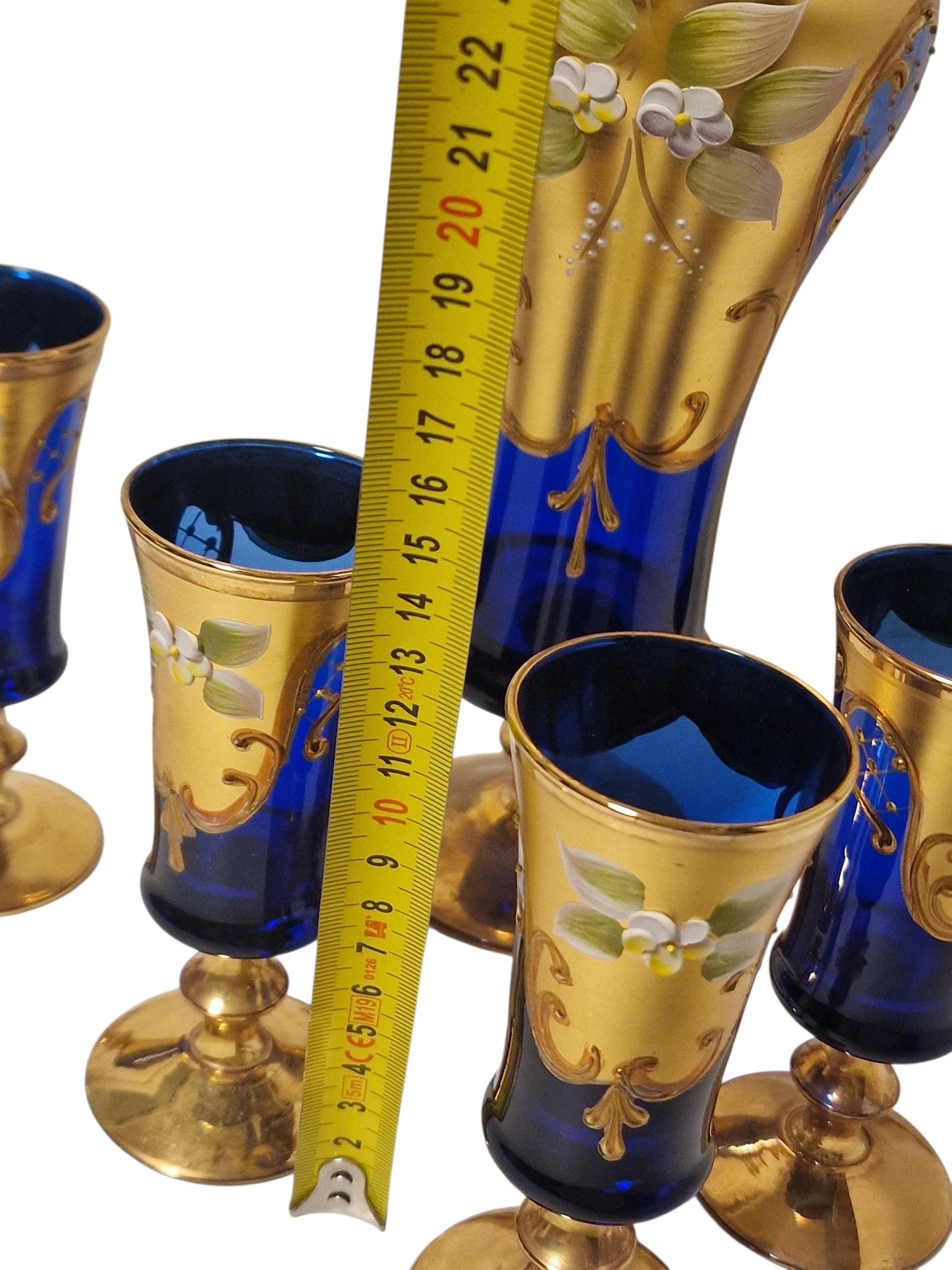 Murano Decanter & Sherry Glasses Set, 24K Gold Cobalt, Mid-Century Barware