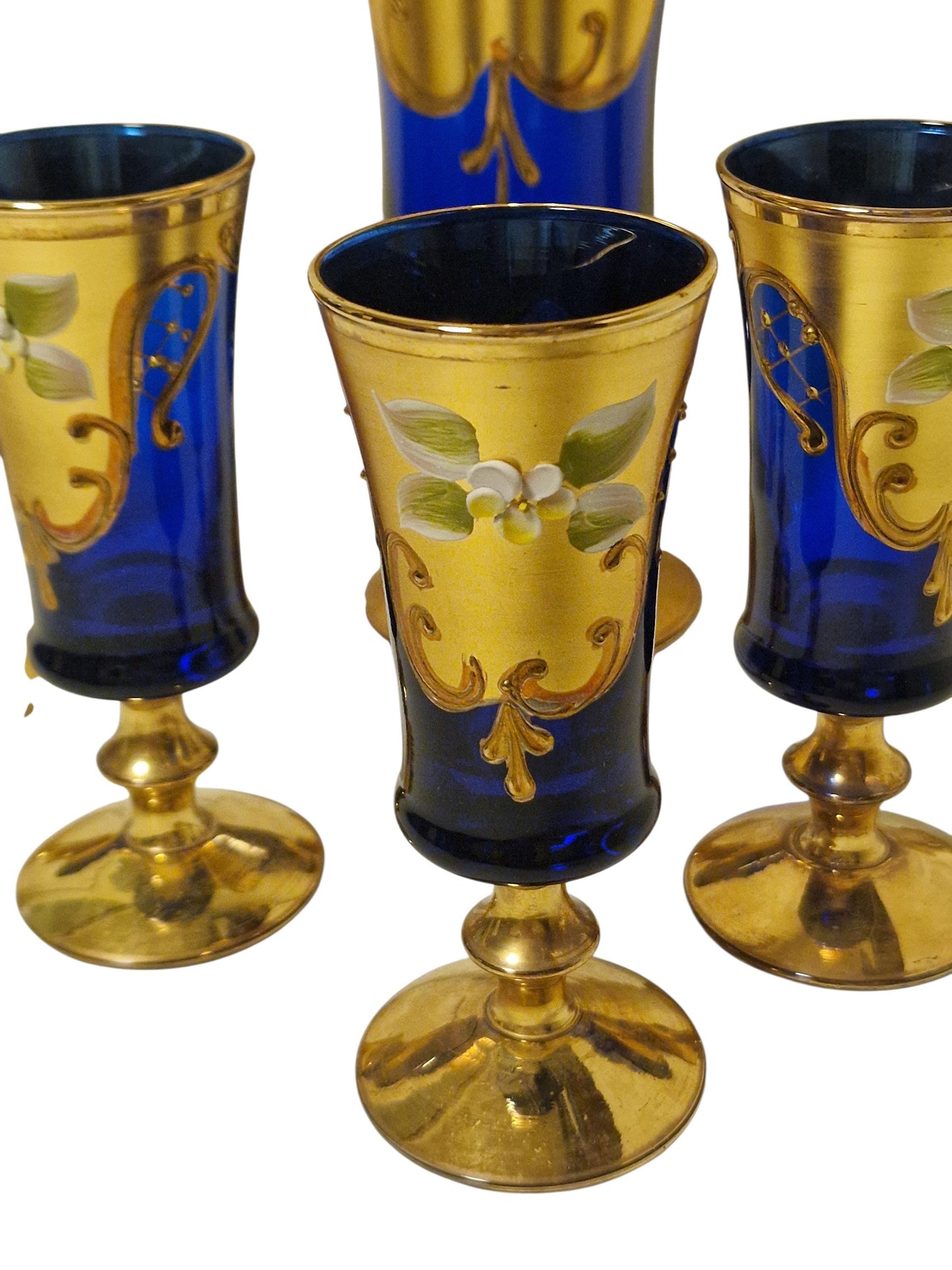 Murano Decanter & Sherry Glasses Set, 24K Gold Cobalt, Mid-Century Barware