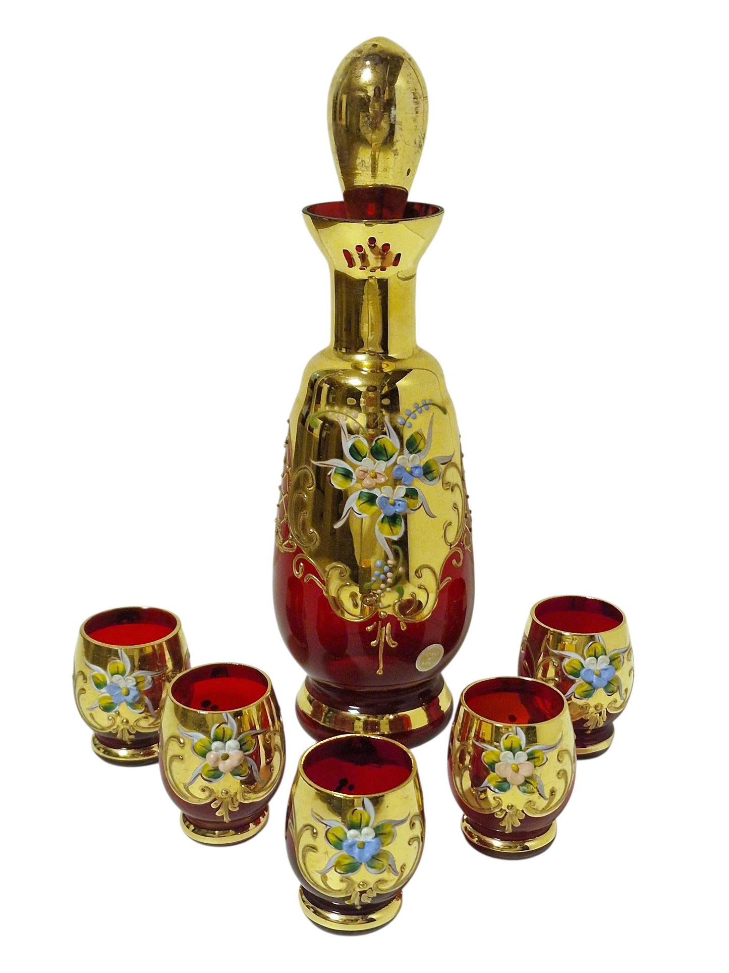 Murano Venetian Decanter & Glasses Set, 24K Gold ruby red Hand-Painted Liquor Carafe, Mid-Century Italy