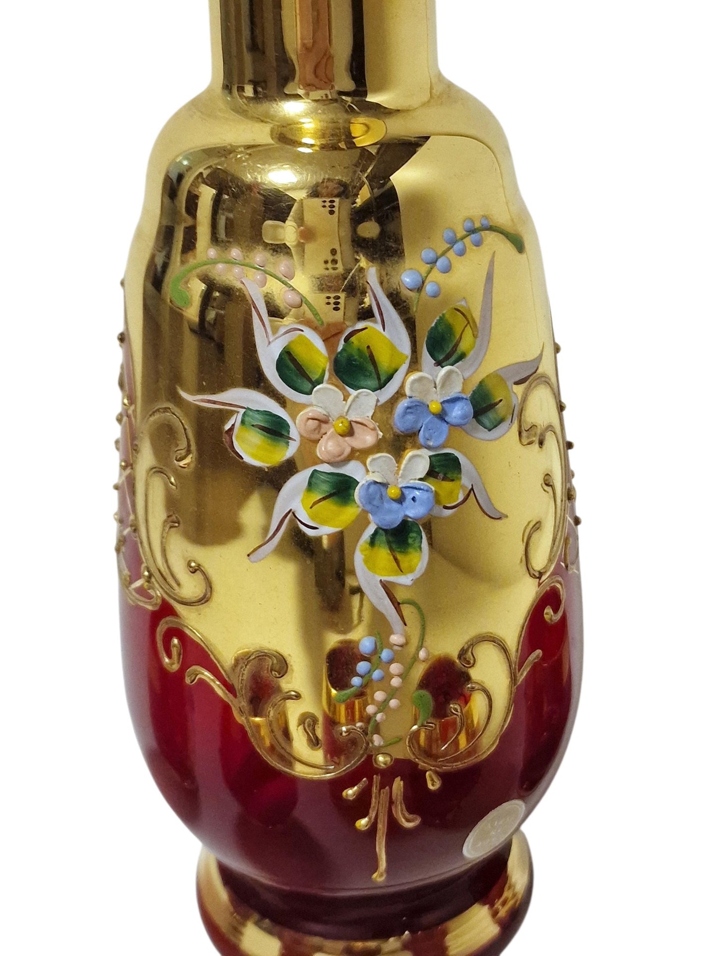 Murano Venetian Decanter & Glasses Set, 24K Gold ruby red Hand-Painted Liquor Carafe, Mid-Century Italy