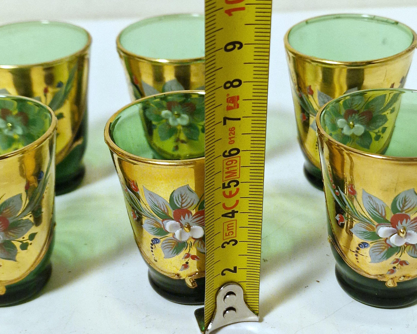 Murano Liqueur Glasses, Emerald Green Floral Tre Fuochi Gold, Set of 6
