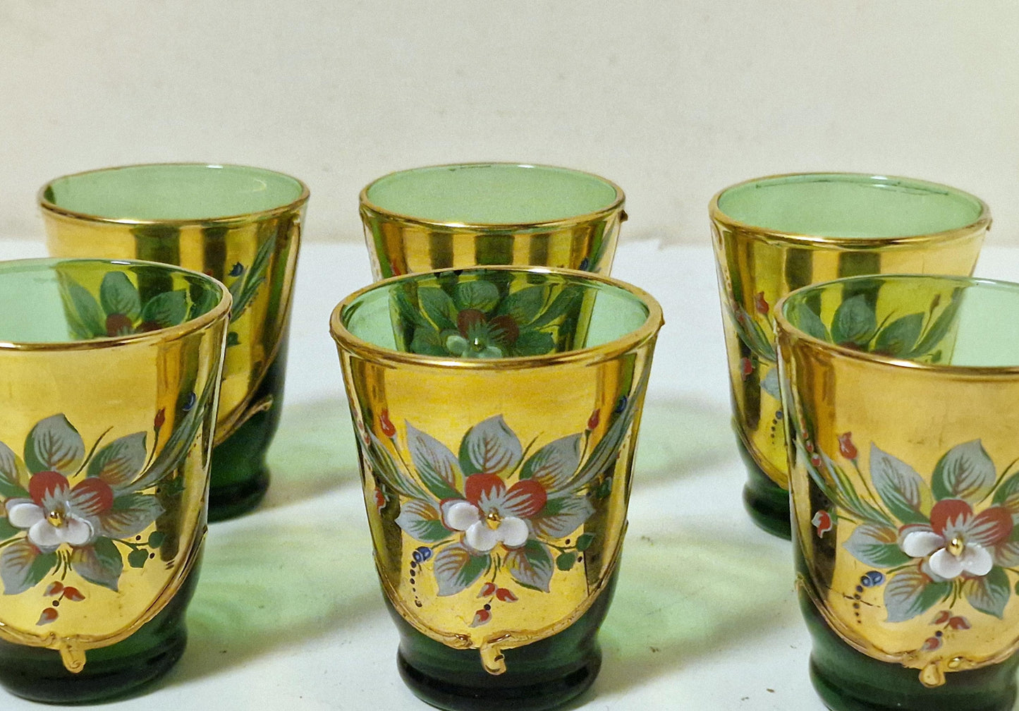 Murano Liqueur Glasses, Emerald Green Floral Tre Fuochi Gold, Set of 6