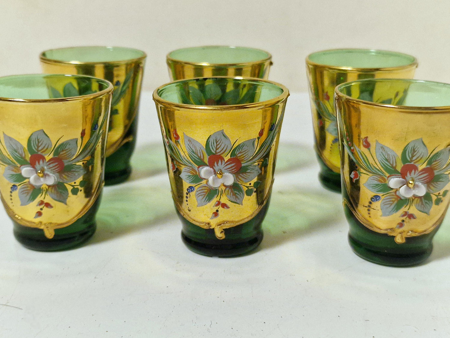 Murano Liqueur Glasses, Emerald Green Floral Tre Fuochi Gold, Set of 6