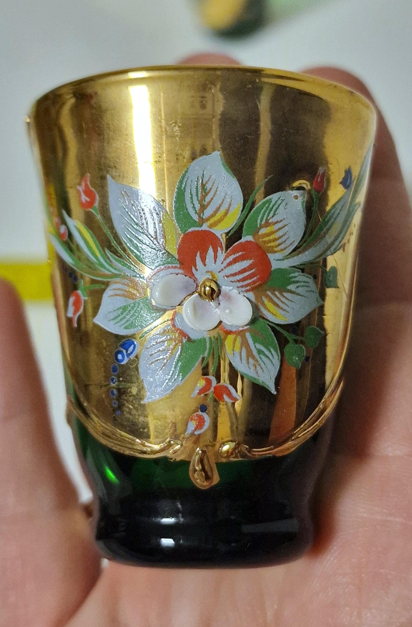Murano Liqueur Glasses, Emerald Green Floral Tre Fuochi Gold, Set of 6