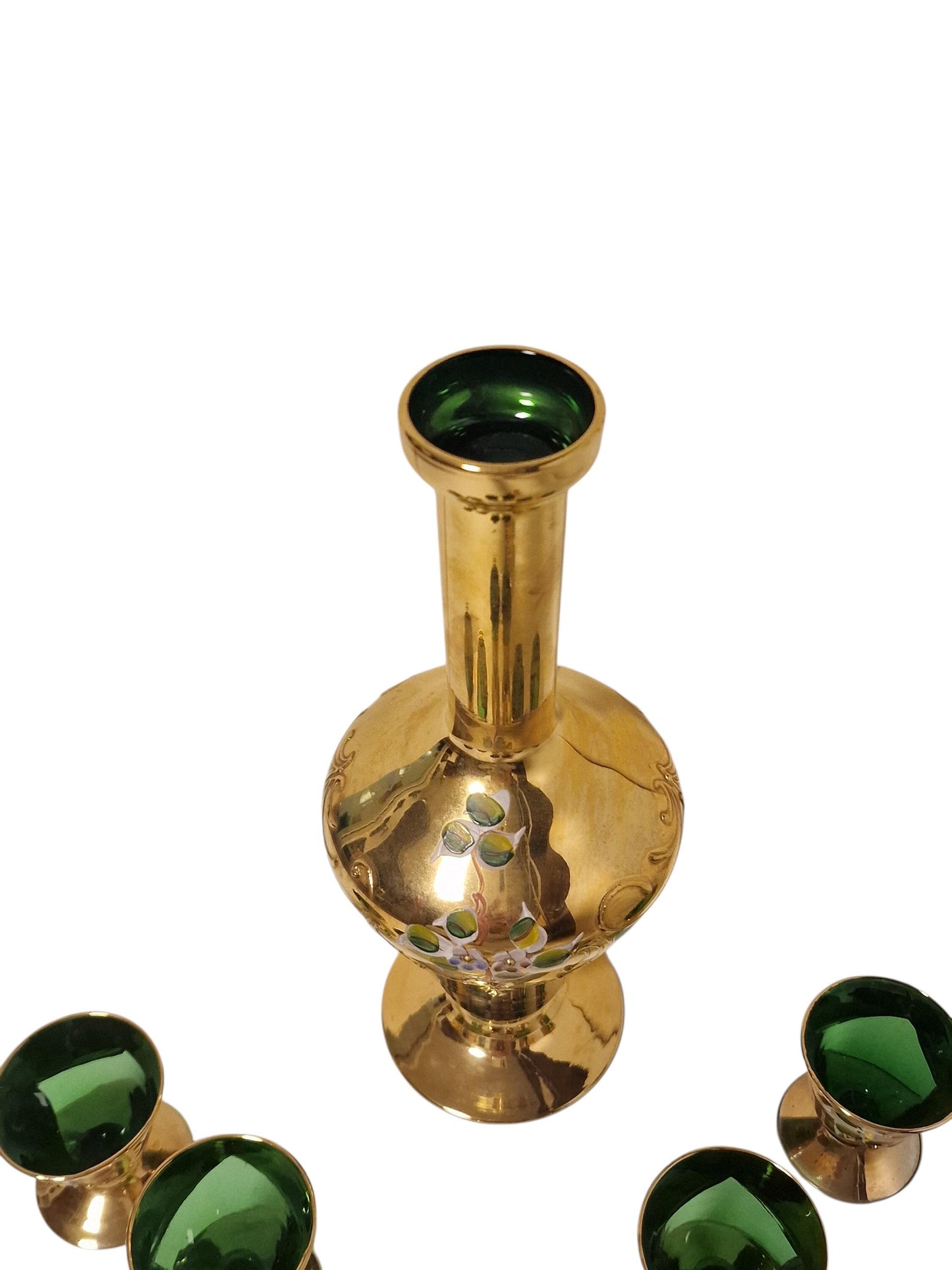 Murano Emerald Green Liqueur Set, Venetian Tre Fuochi Gold, Mid-Century