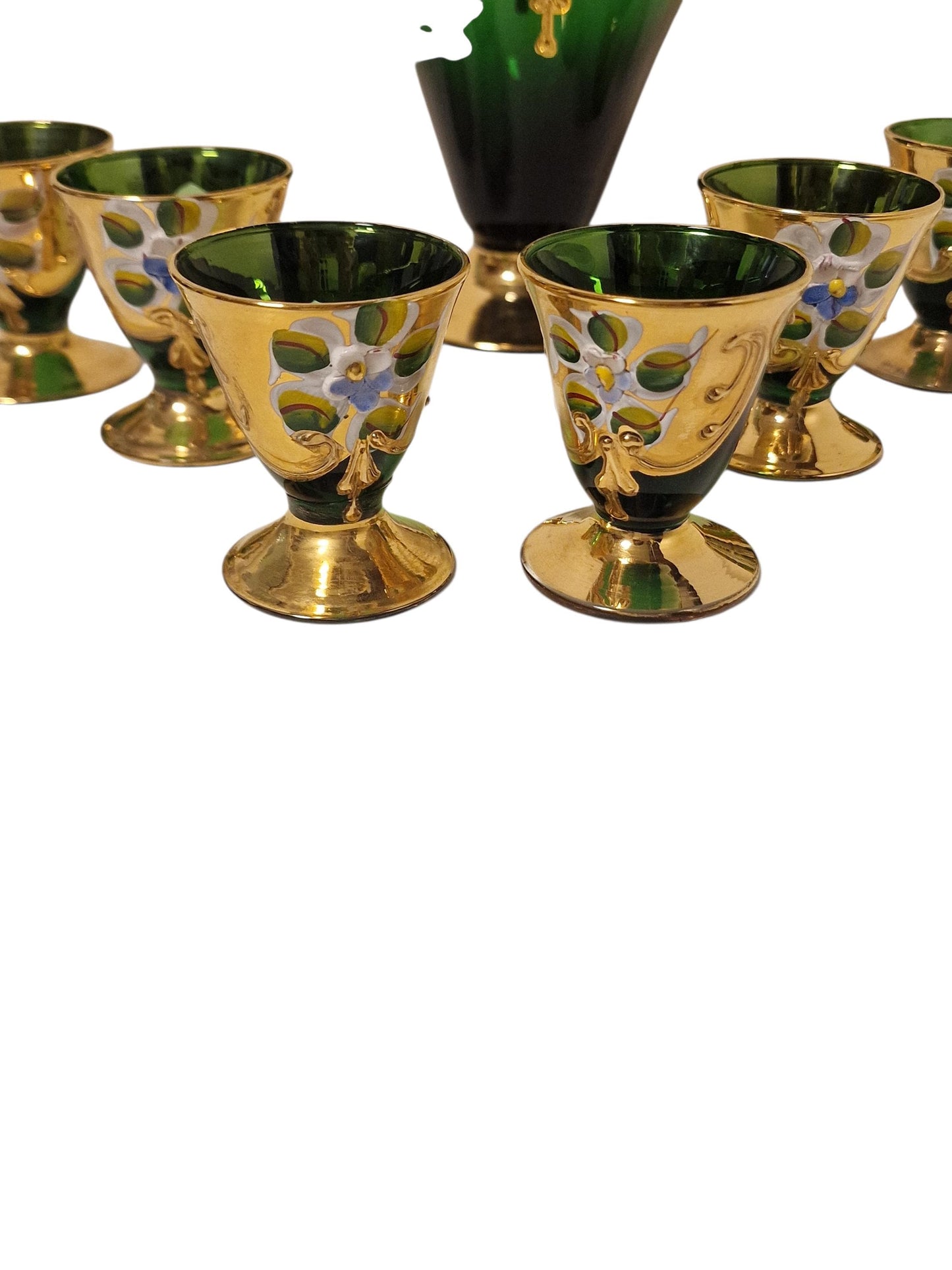Murano Emerald Green Liqueur Set, Venetian Tre Fuochi Gold, Mid-Century