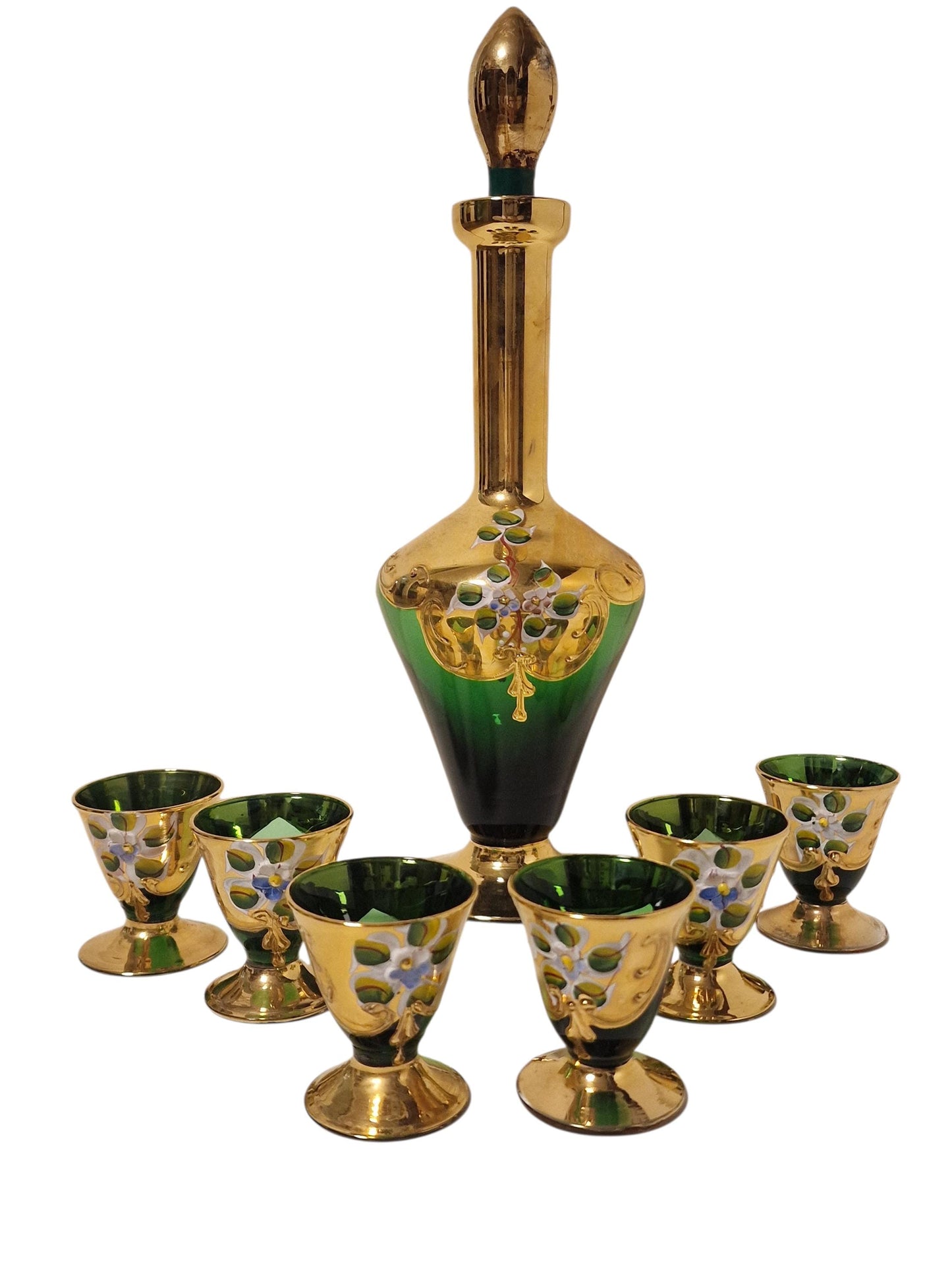 Murano Emerald Green Liqueur Set, Venetian Tre Fuochi Gold, Mid-Century