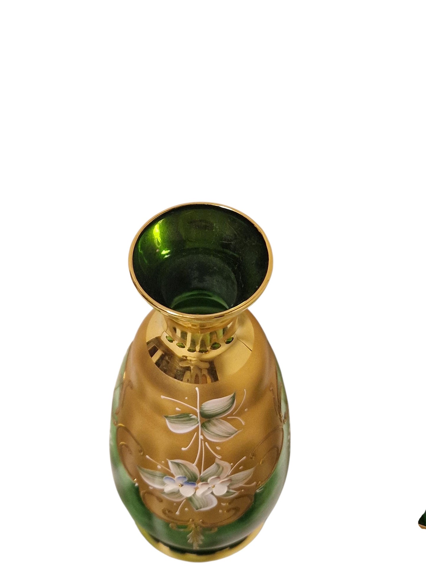 Murano Glass Liqueur Set, Emerald Green Carafe, Venetian Tre Fuochi Gold, MCM