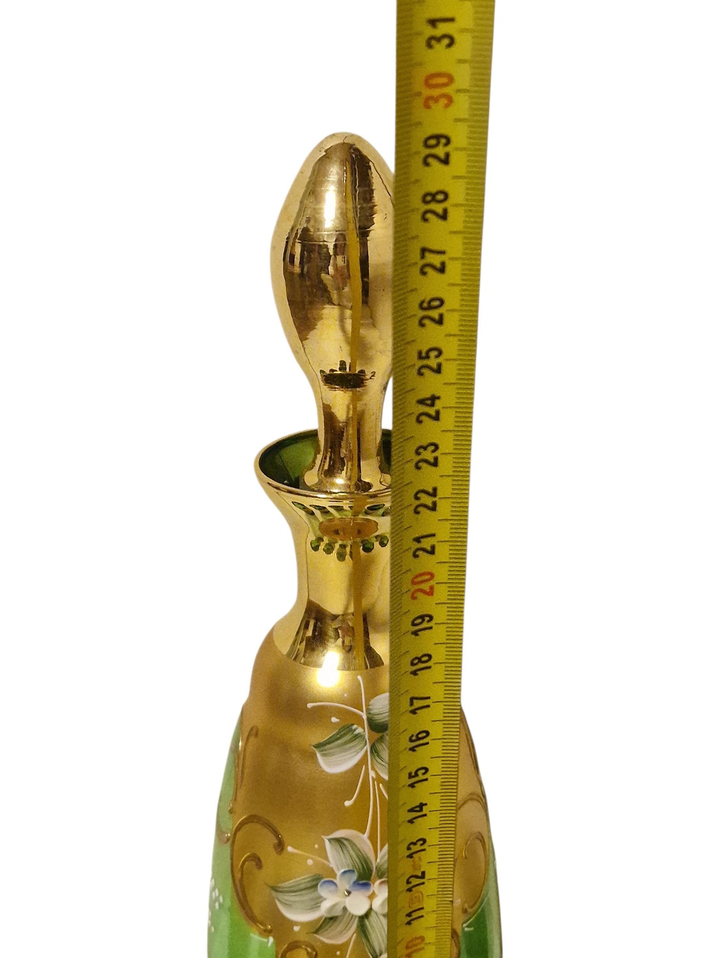 Murano Glass Liqueur Set, Emerald Green Carafe, Venetian Tre Fuochi Gold, MCM