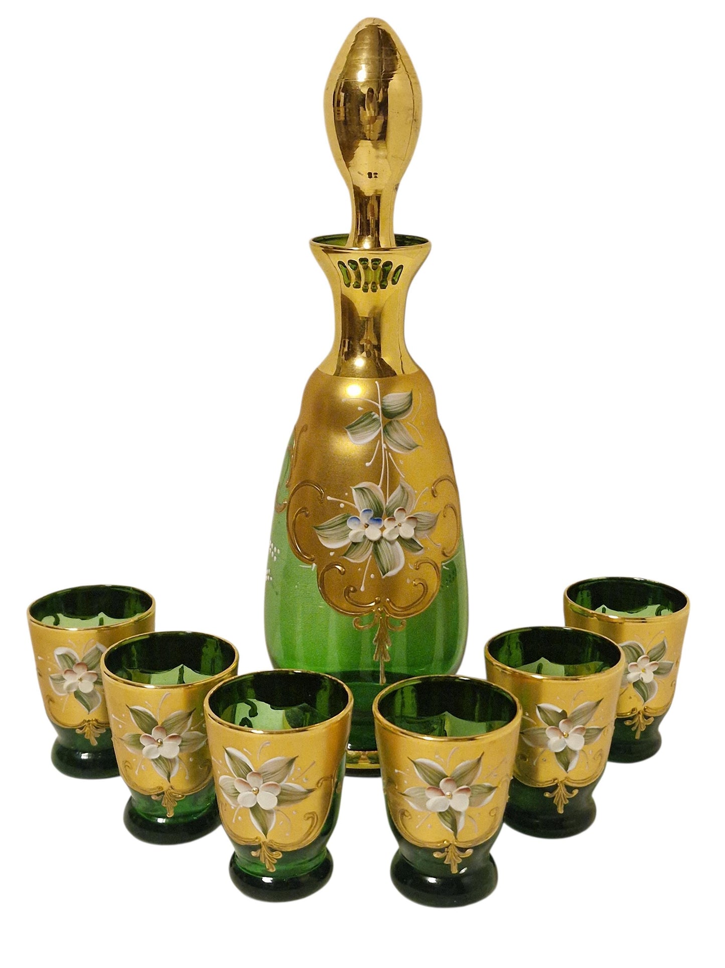 Murano Glass Liqueur Set, Emerald Green Carafe, Venetian Tre Fuochi Gold, MCM