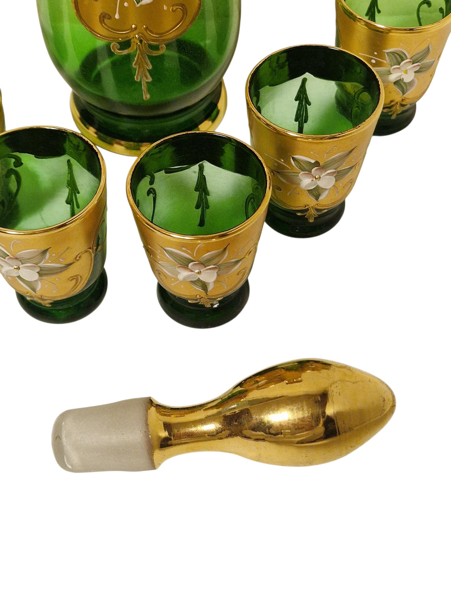Murano Glass Liqueur Set, Emerald Green Carafe, Venetian Tre Fuochi Gold, MCM