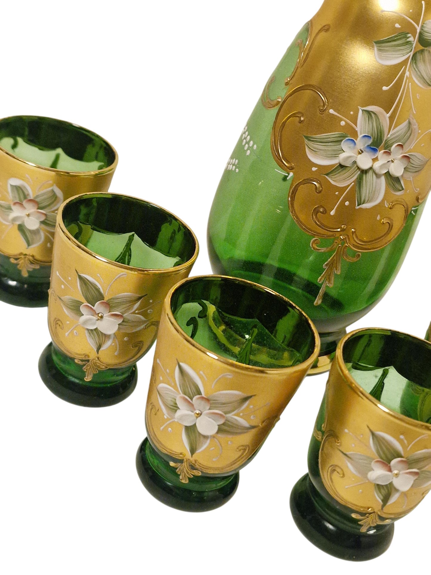 Murano Glass Liqueur Set, Emerald Green Carafe, Venetian Tre Fuochi Gold, MCM