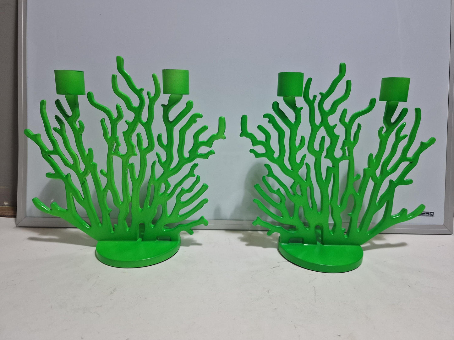 Driade Kosmo Candlestick Pair, Vittorio Locatelli Design, Fluorescent Green Coral