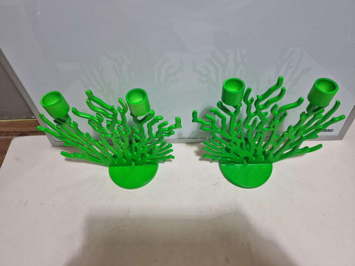 Driade Kosmo Candlestick Pair, Vittorio Locatelli Design, Fluorescent Green Coral