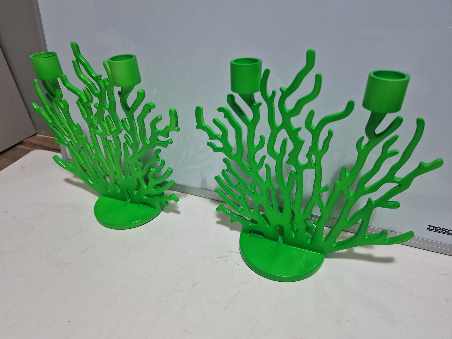 Driade Kosmo Candlestick Pair, Vittorio Locatelli Design, Fluorescent Green Coral
