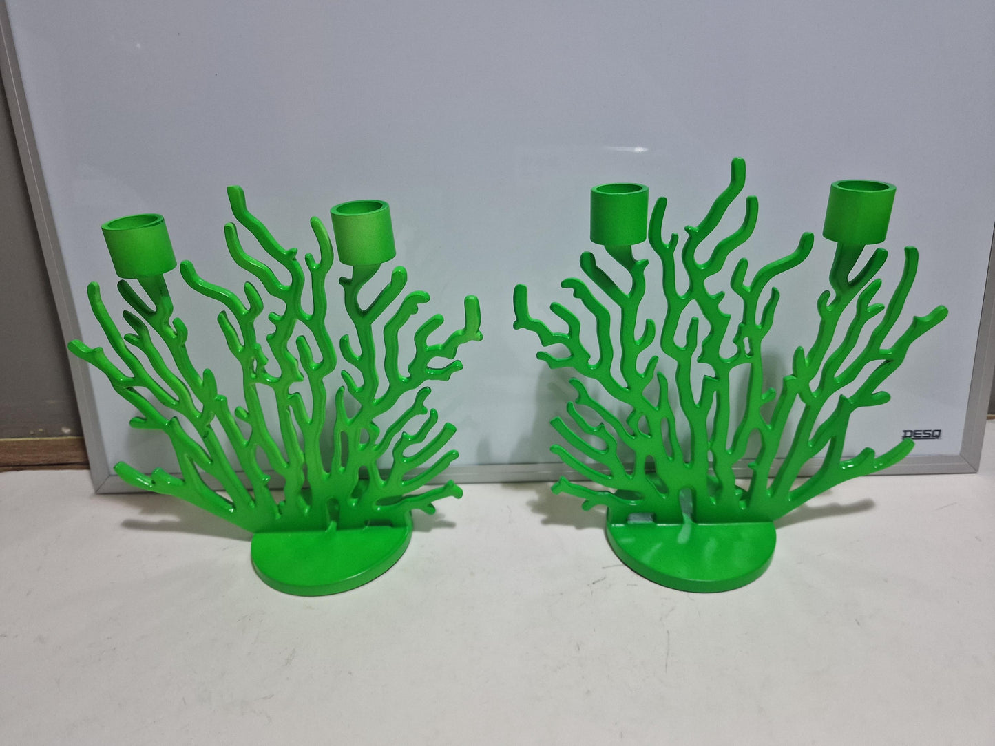 Driade Kosmo Candlestick Pair, Vittorio Locatelli Design, Fluorescent Green Coral