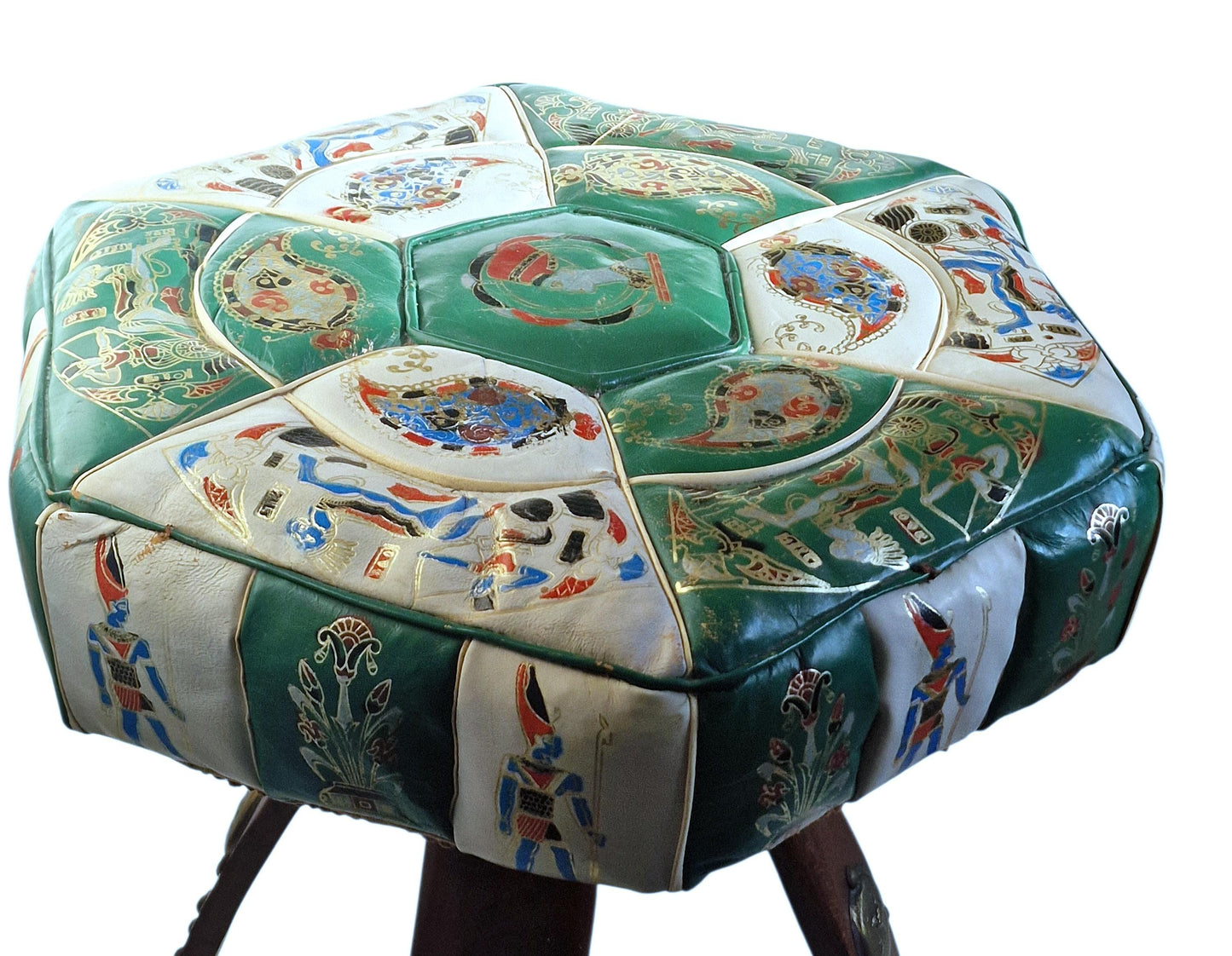Vintage Leather stool: Eclectic Boho Egyptian Style kruk ottoman