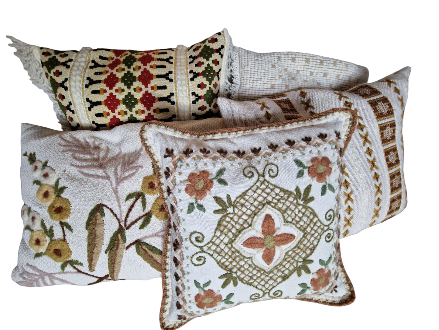 Vintage Scandinavian Embroidered Cushion Set, Folk Style Pillows