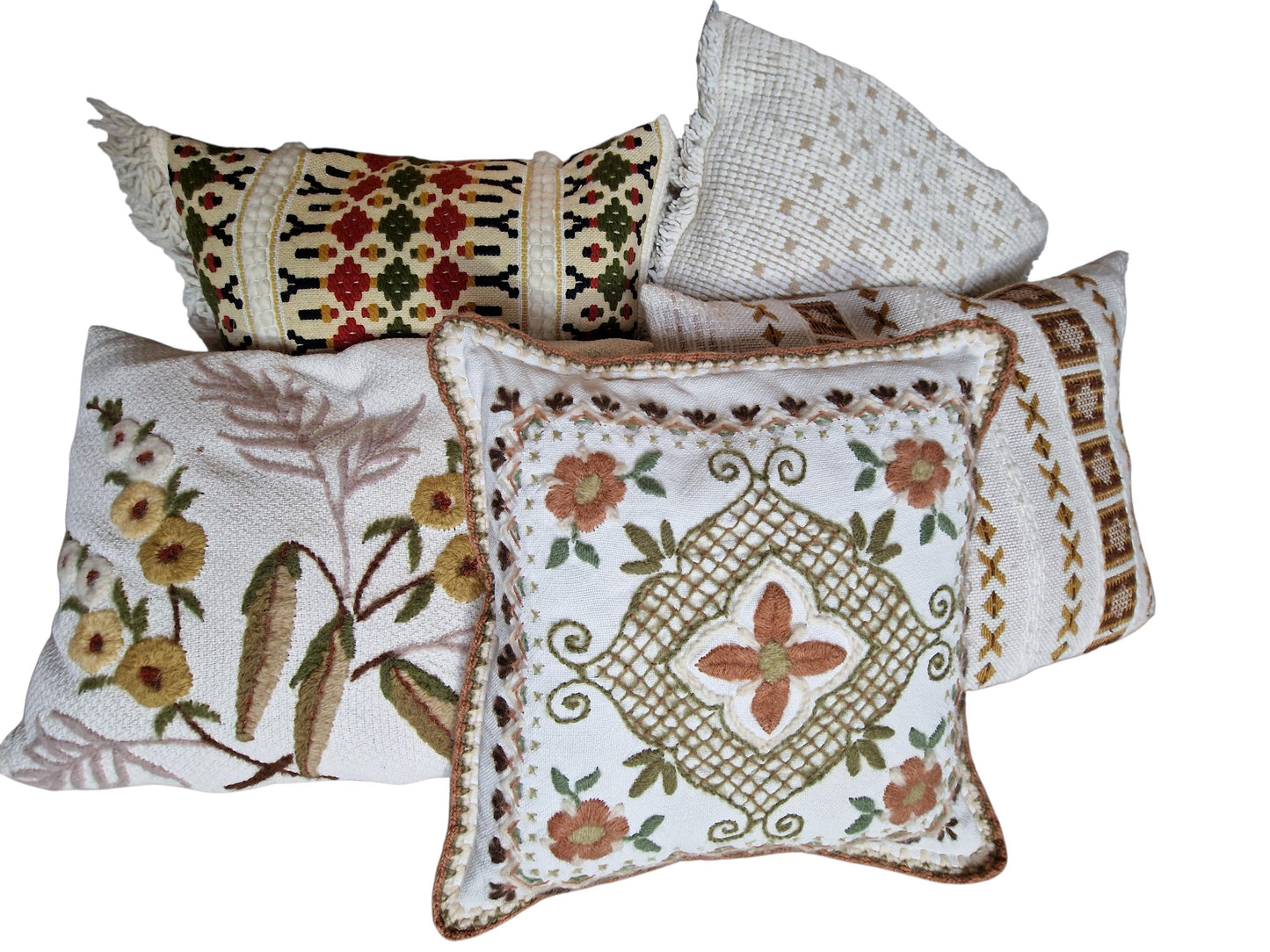 Vintage Scandinavian Embroidered Cushion Set, Folk Style Pillows