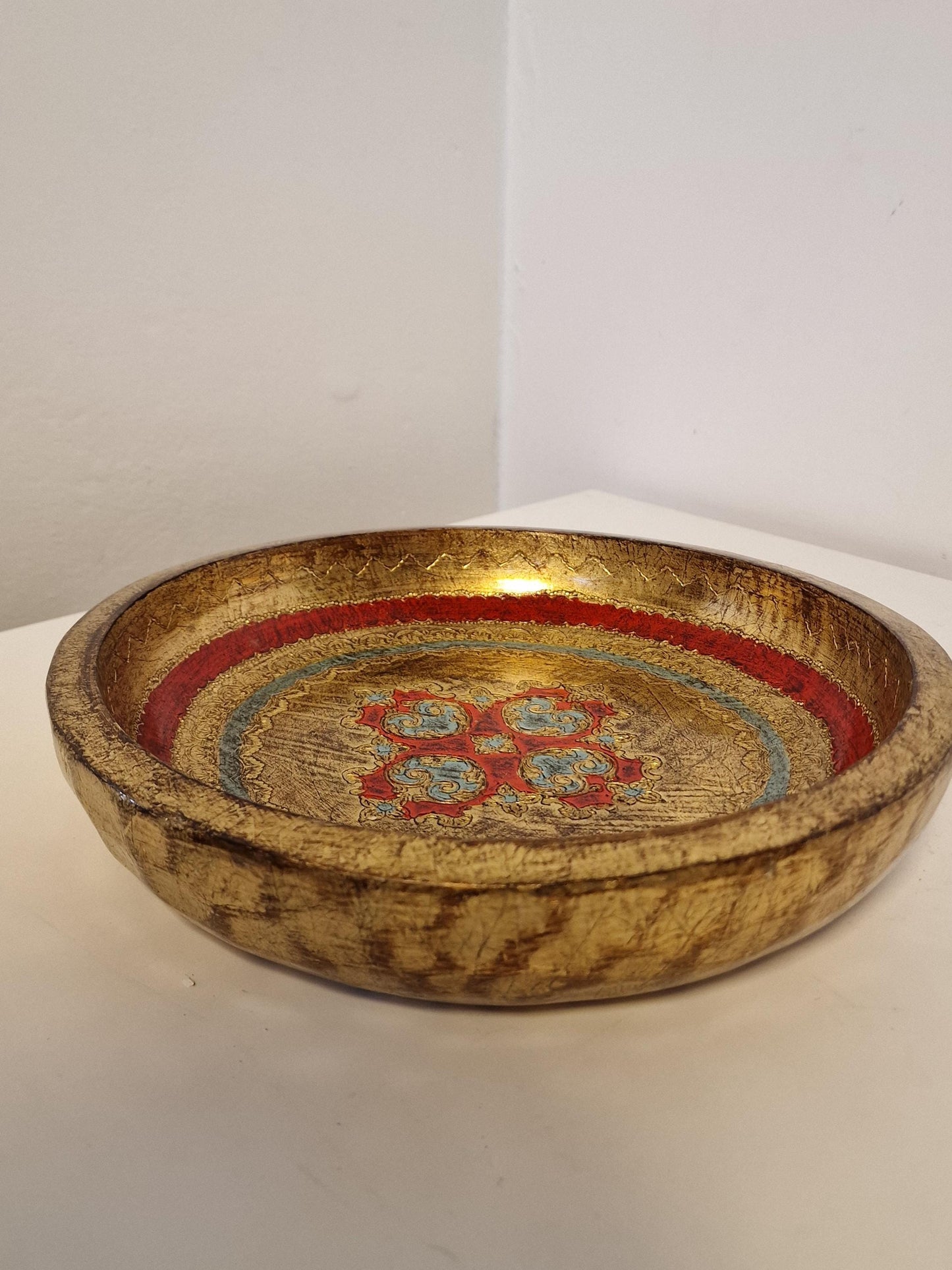 Vintage Florentine Platter Bowl, Gold Red Handpainted Wood, 1960s Firenze