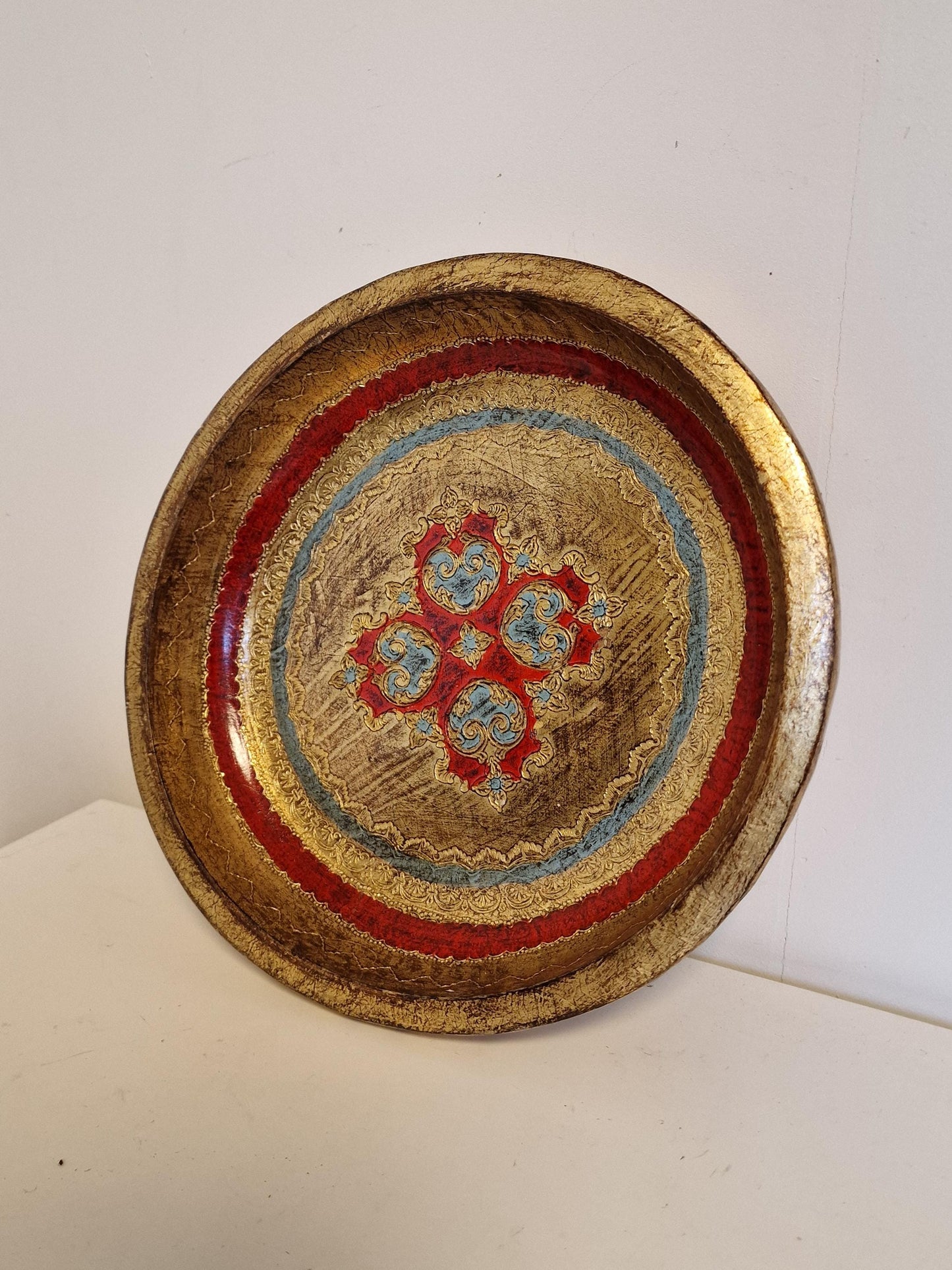 Vintage Florentine Platter Bowl, Gold Red Handpainted Wood, 1960s Firenze