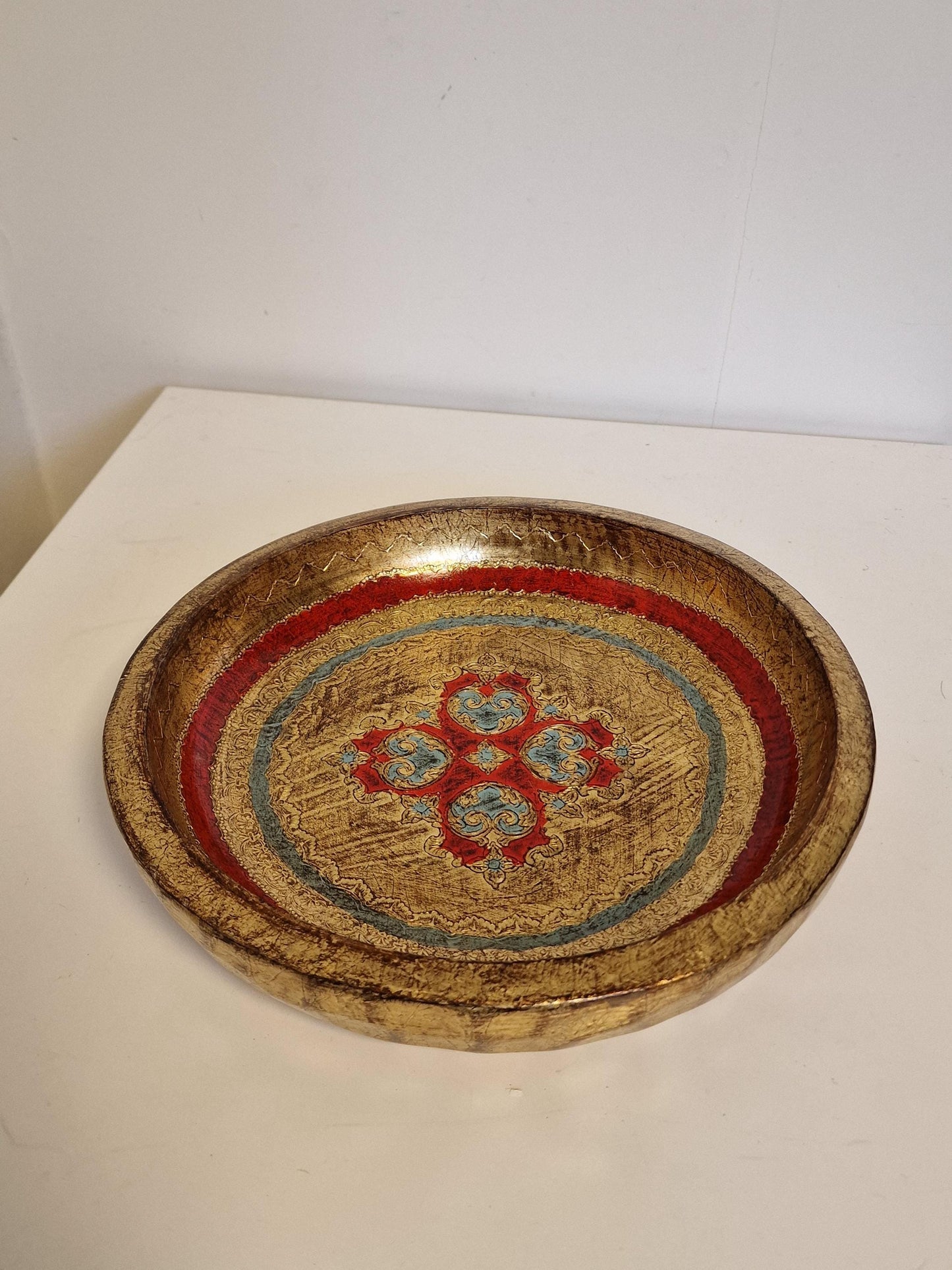 Vintage Florentine Platter Bowl, Gold Red Handpainted Wood, 1960s Firenze