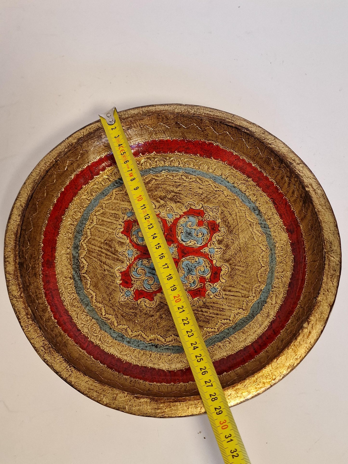 Vintage Florentine Platter Bowl, Gold Red Handpainted Wood, 1960s Firenze