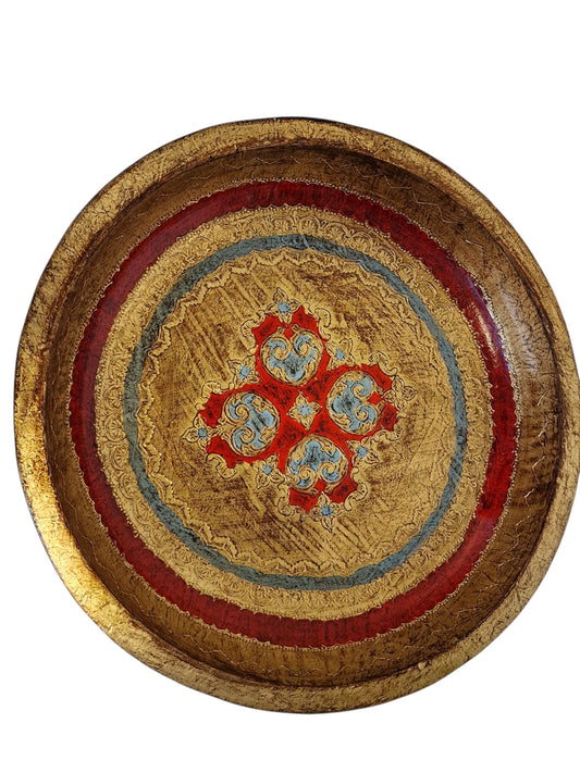 Vintage Florentine Platter Bowl, Gold Red Handpainted Wood, 1960s Firenze