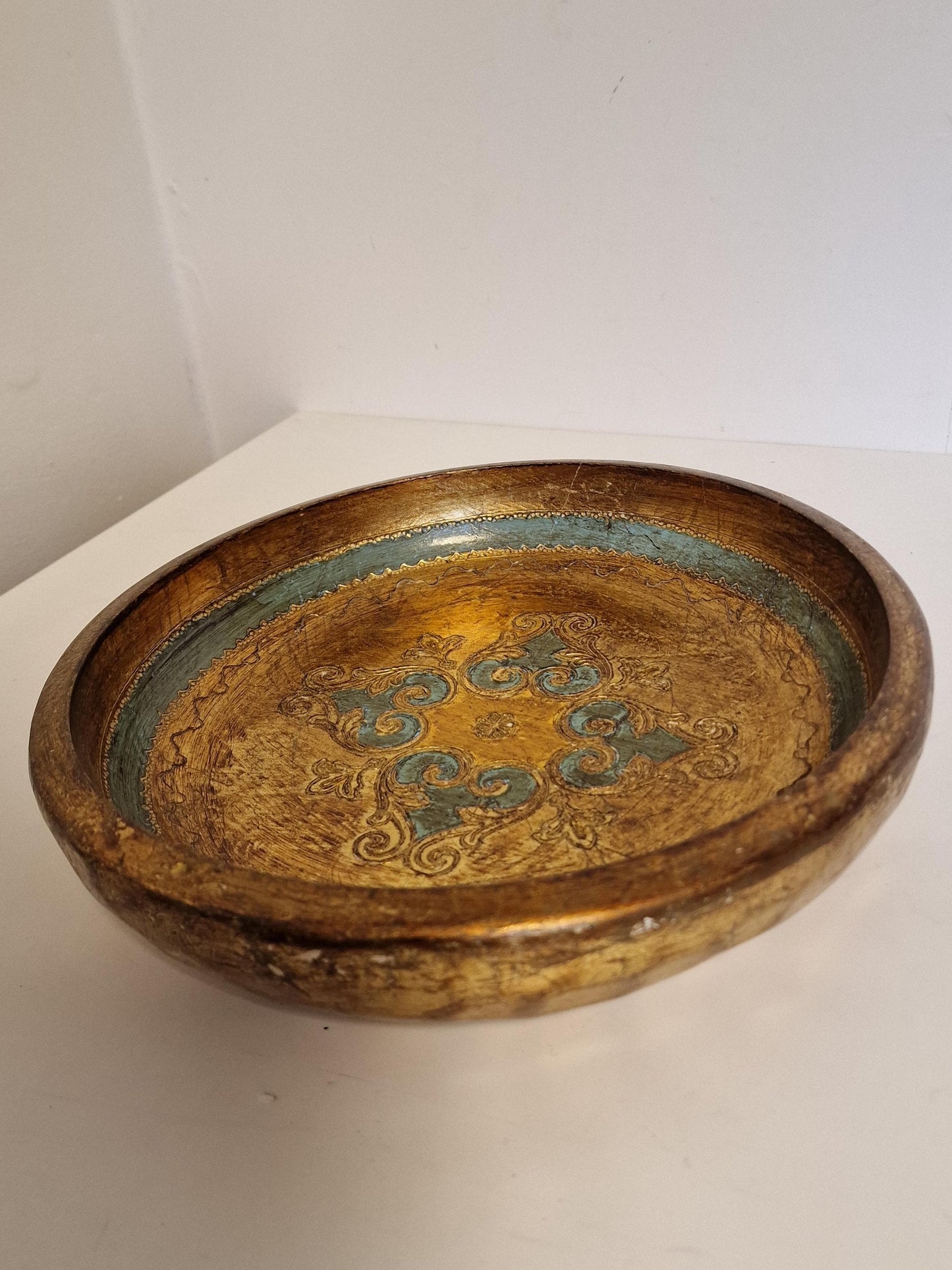 Large Vintage Florentine Platter Bowl, Gold Handpainted Wood, 1960s