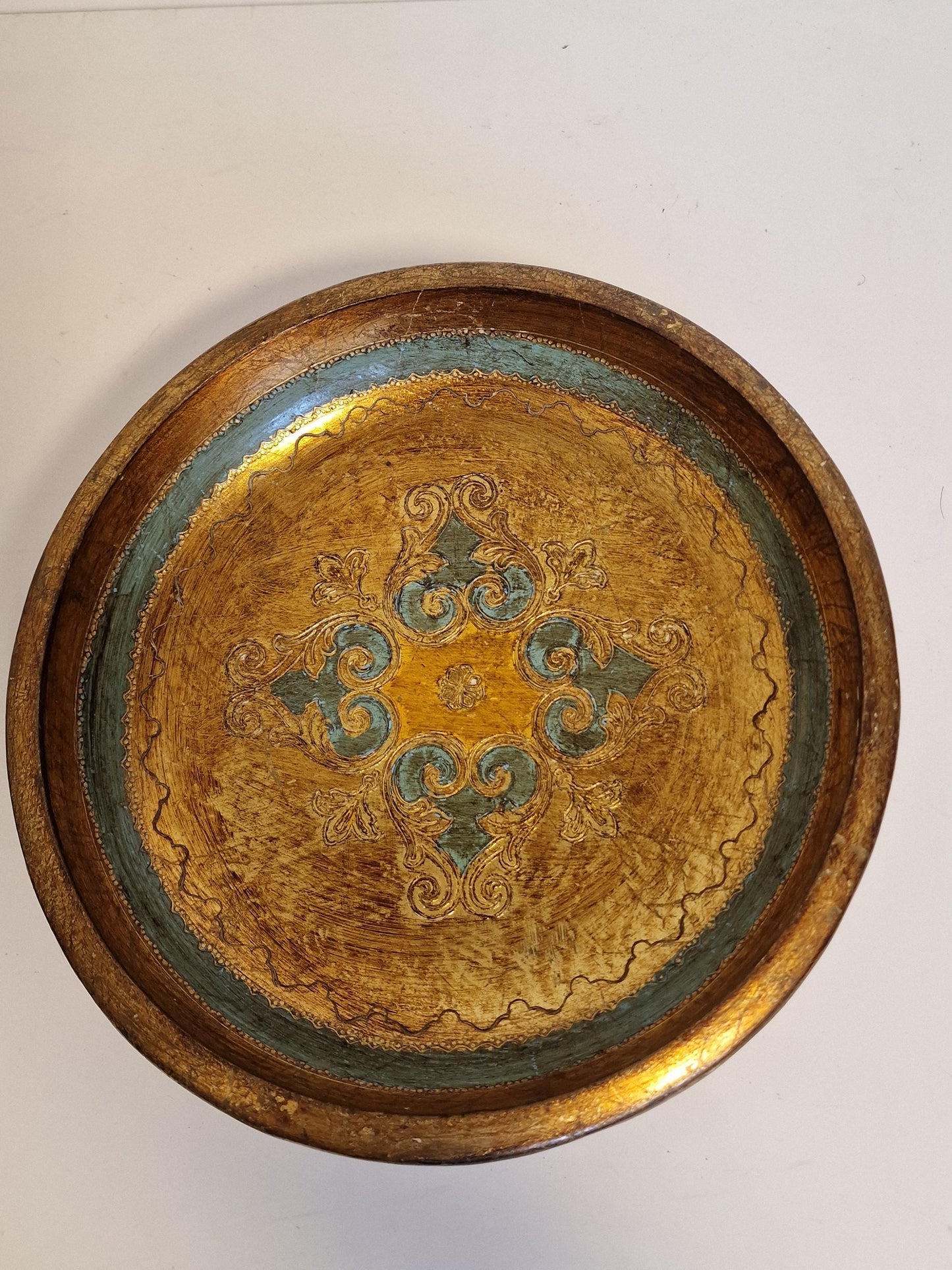 Large Vintage Florentine Platter Bowl, Gold Handpainted Wood, 1960s