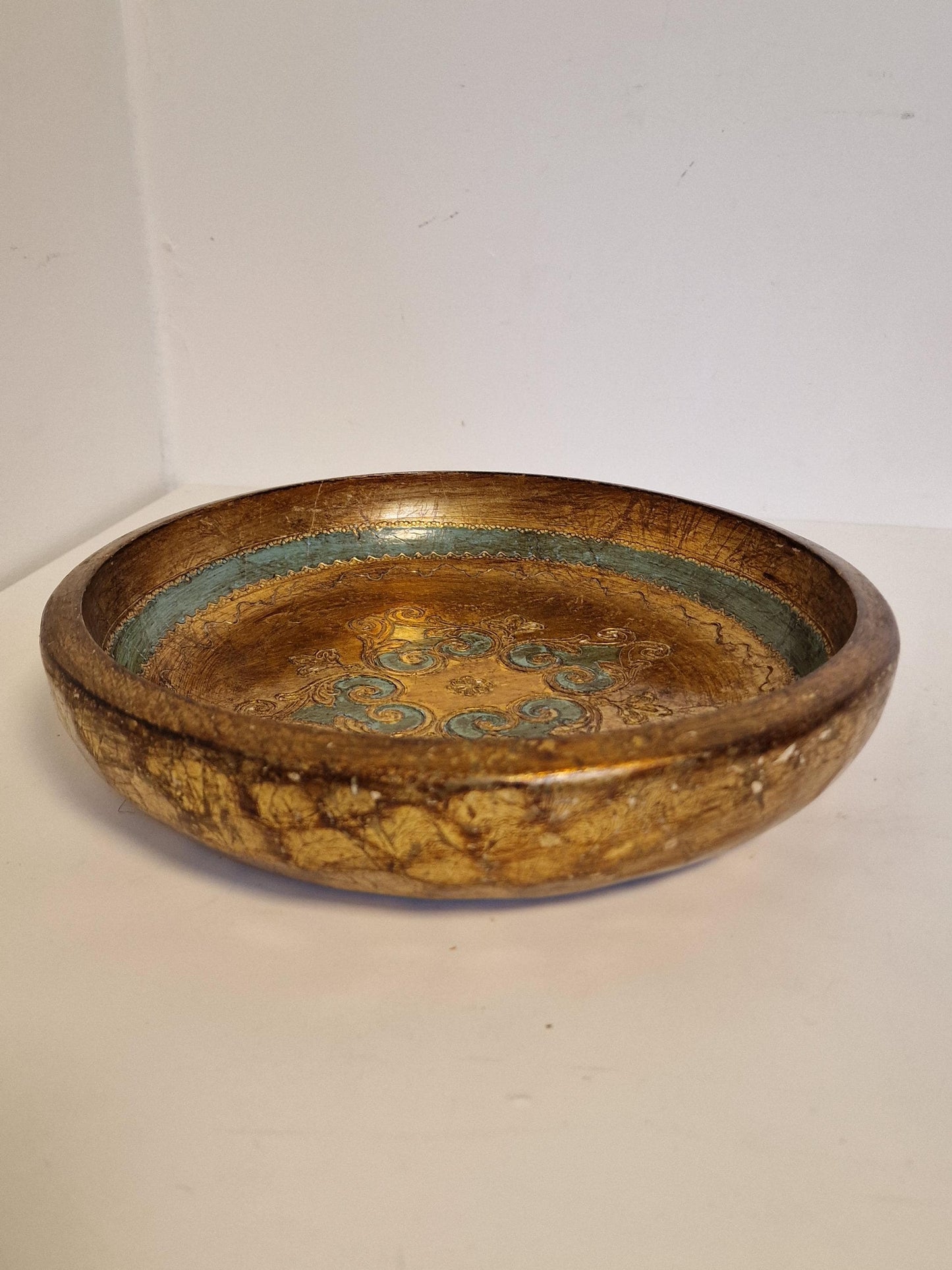 Large Vintage Florentine Platter Bowl, Gold Handpainted Wood, 1960s