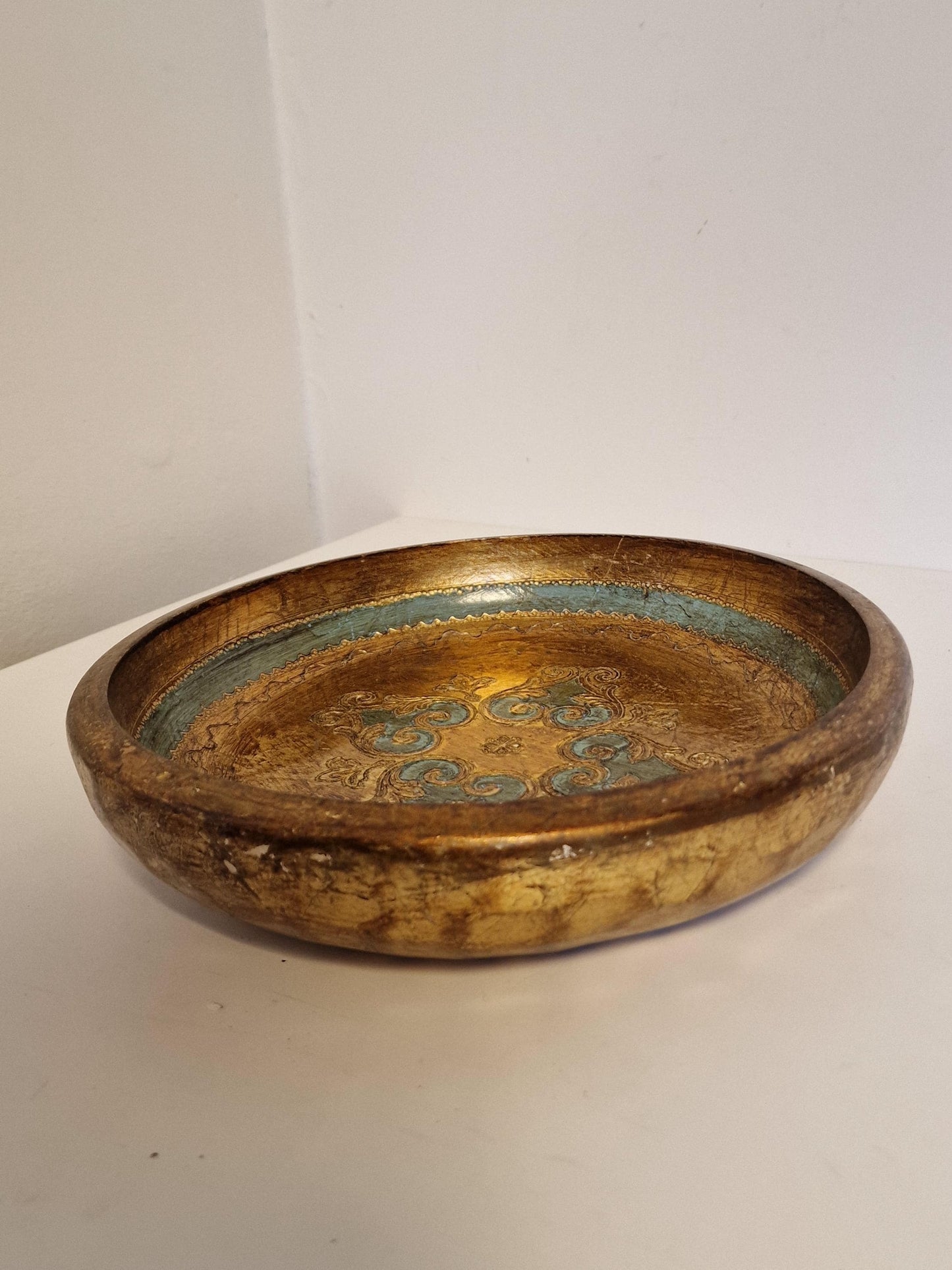 Large Vintage Florentine Platter Bowl, Gold Handpainted Wood, 1960s