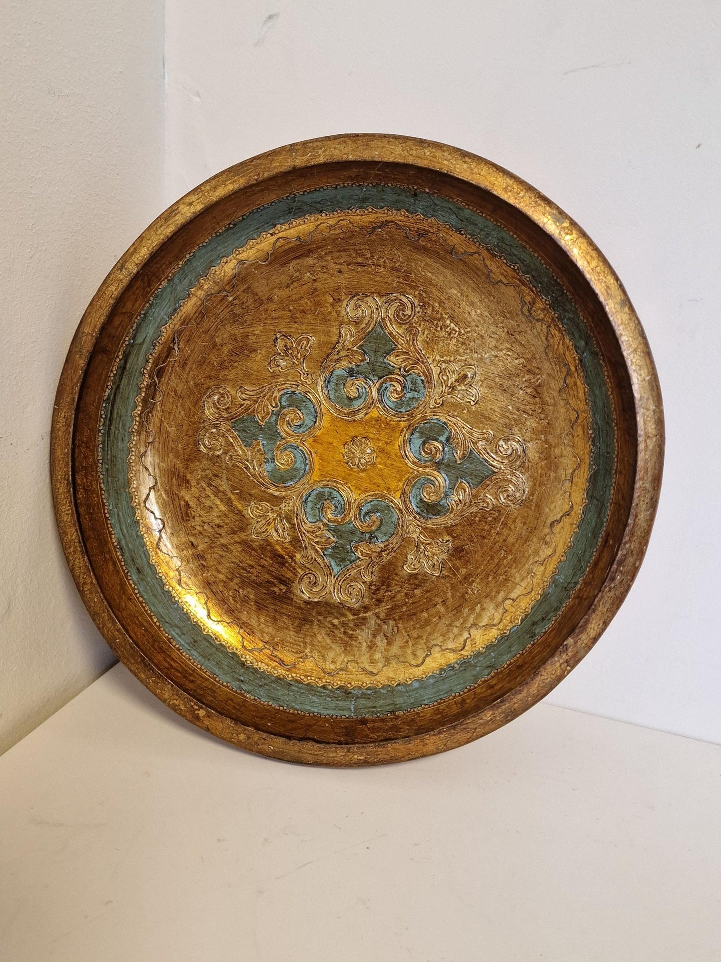 Large Vintage Florentine Platter Bowl, Gold Handpainted Wood, 1960s