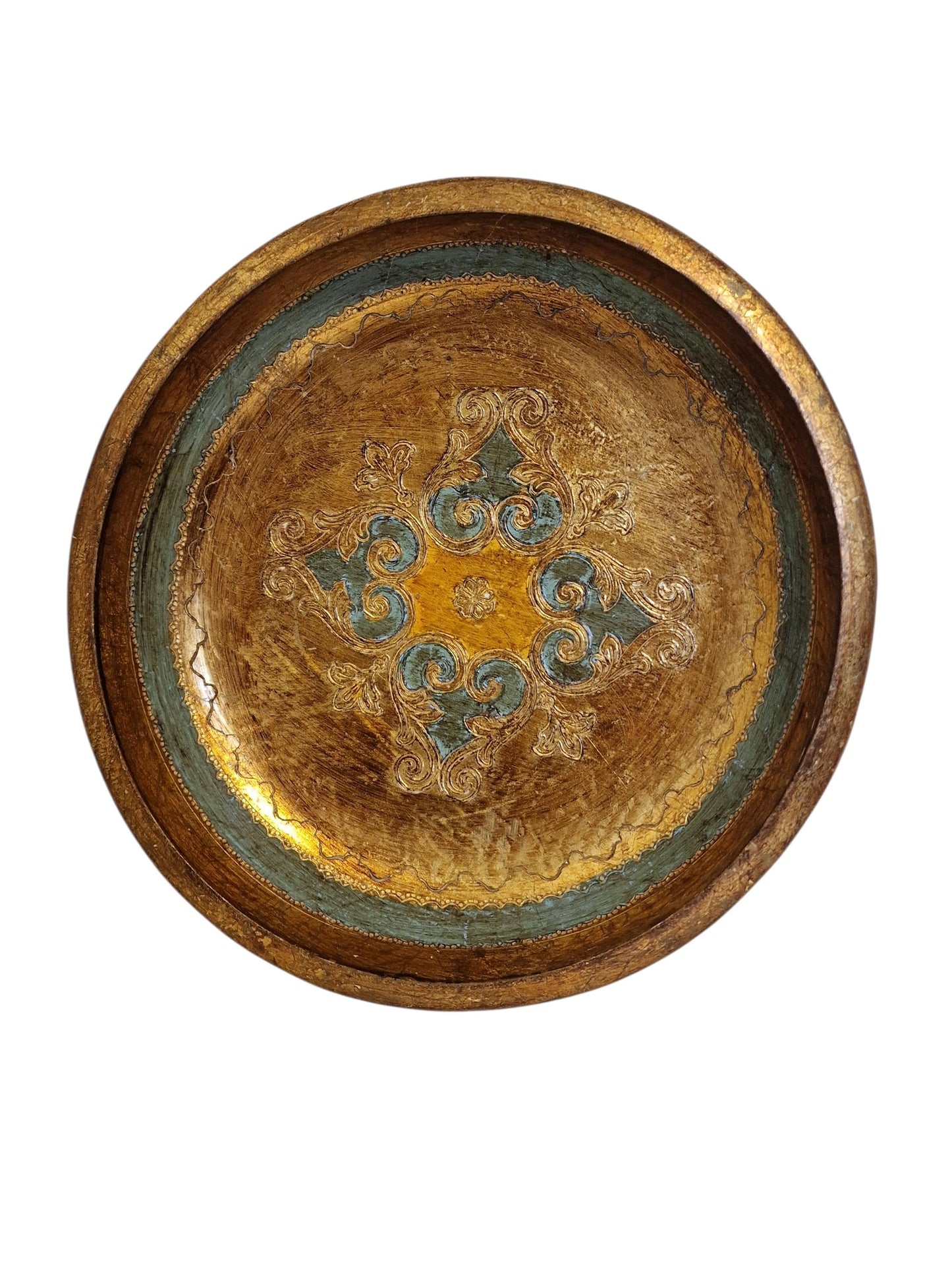 Large Vintage Florentine Platter Bowl, Gold Handpainted Wood, 1960s