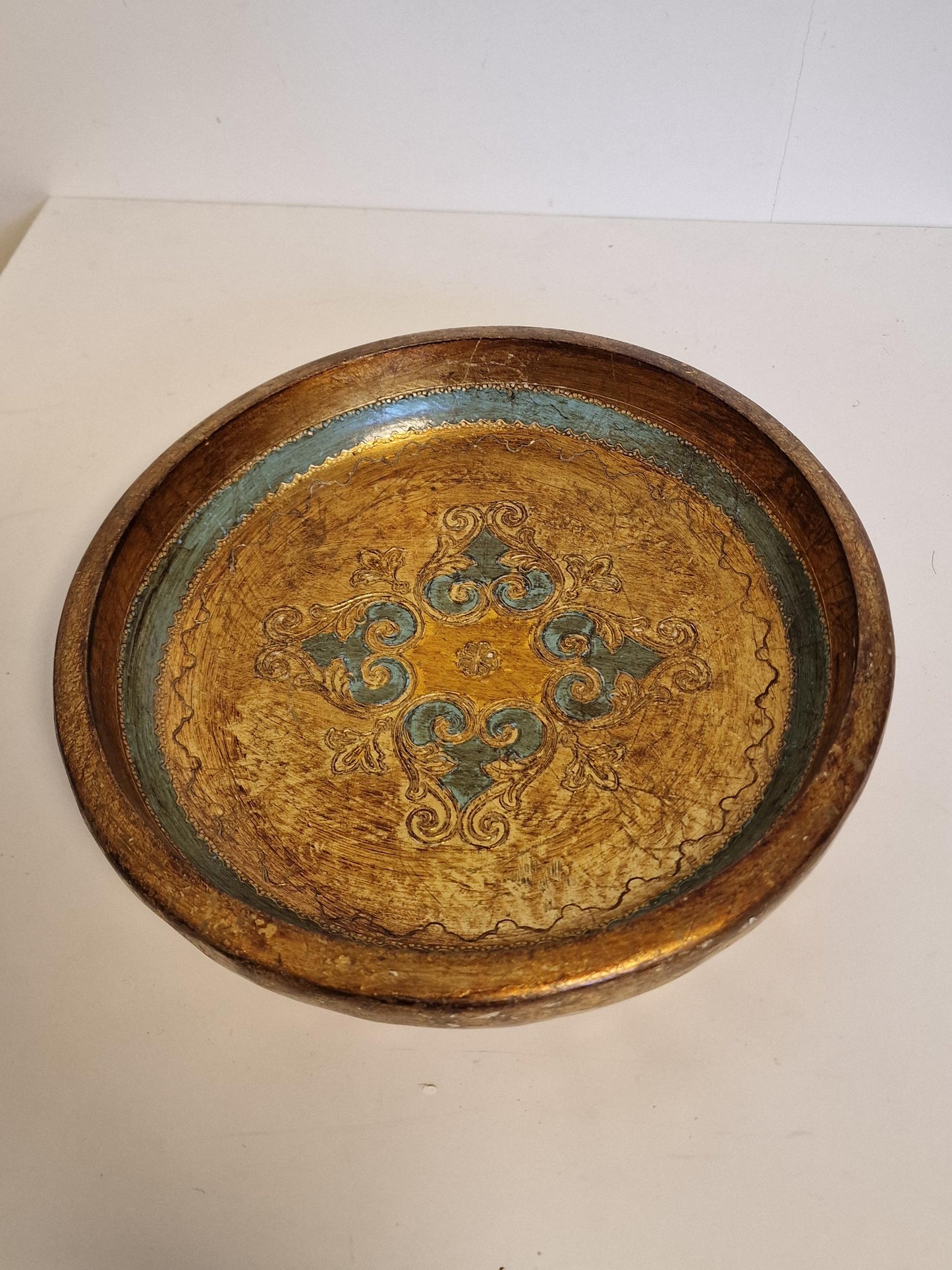 Large Vintage Florentine Platter Bowl, Gold Handpainted Wood, 1960s