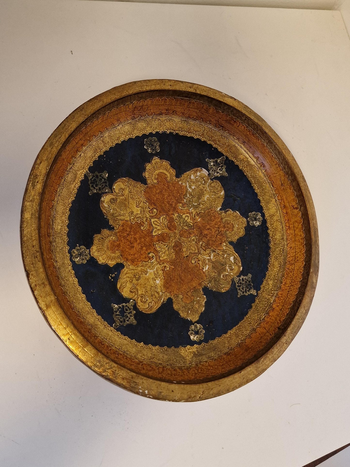 Large Vintage Florentine Gold Platter Bowl, Handpainted Wood, 1960s