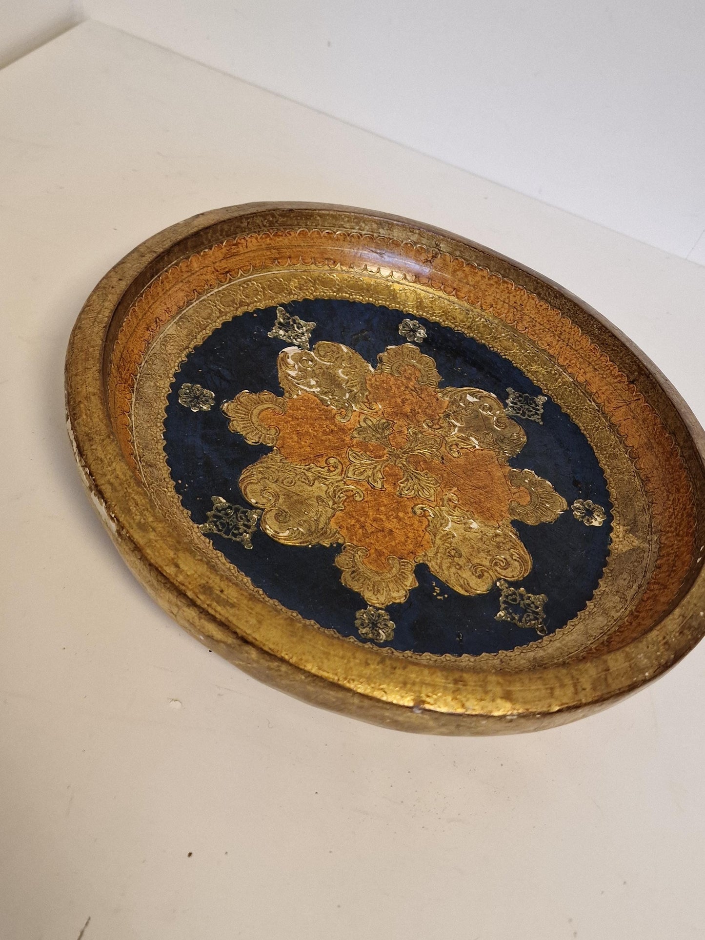 Large Vintage Florentine Gold Platter Bowl, Handpainted Wood, 1960s