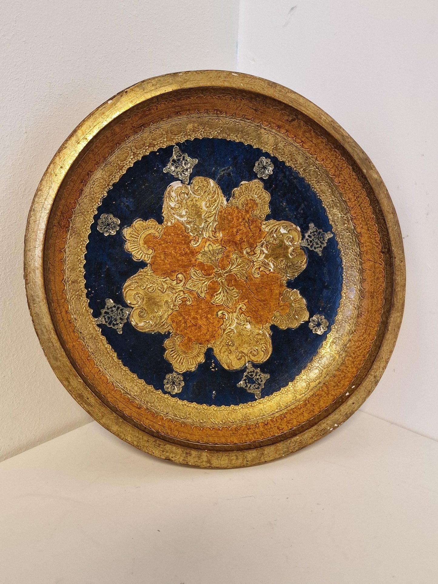 Large Vintage Florentine Gold Platter Bowl, Handpainted Wood, 1960s