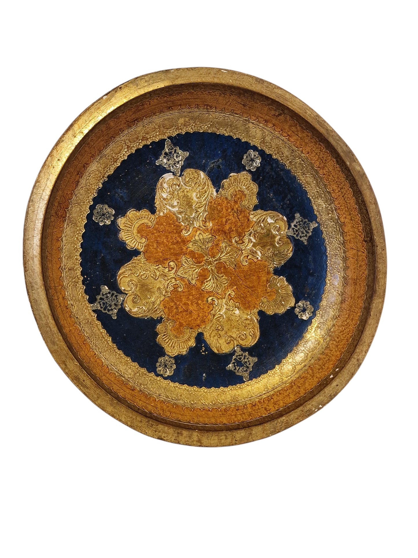Large Vintage Florentine Gold Platter Bowl, Handpainted Wood, 1960s