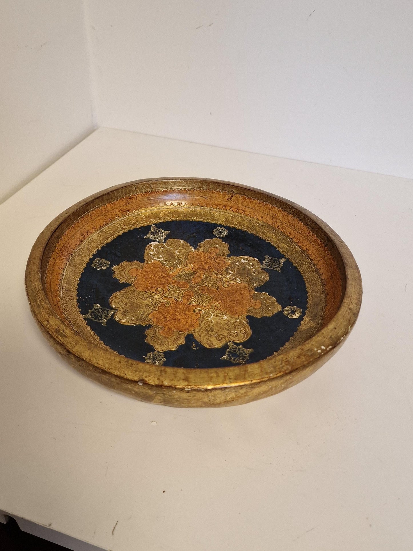 Large Vintage Florentine Gold Platter Bowl, Handpainted Wood, 1960s
