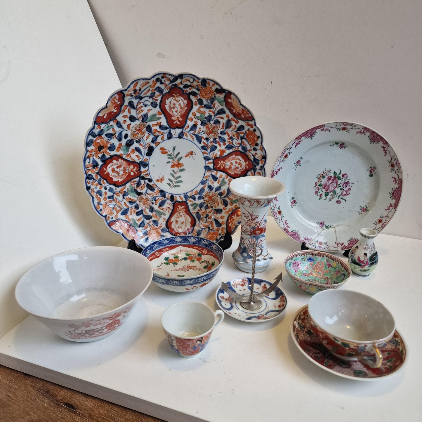 Antique Chinese Porcelain Plate Set, Floral Imari, 19th Century