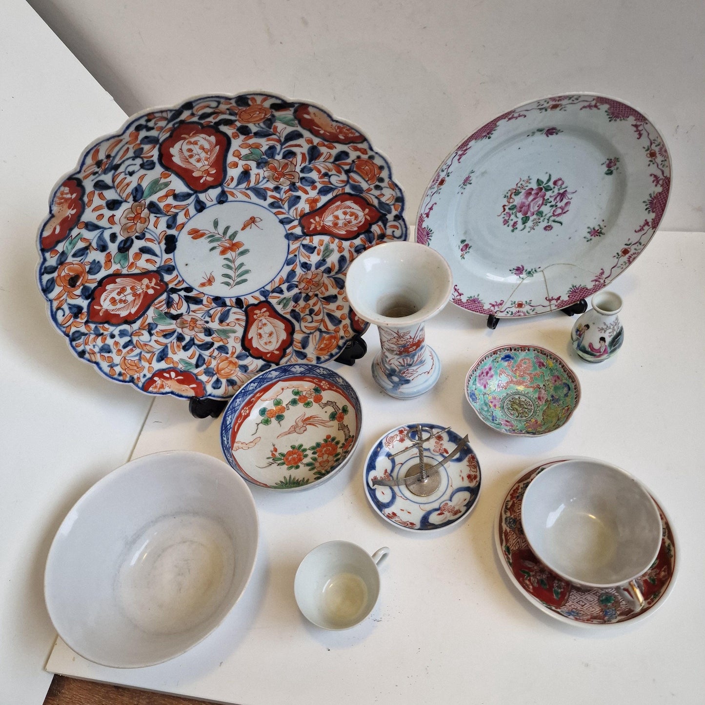 Antique Chinese Porcelain Plate Set, Floral Imari, 19th Century