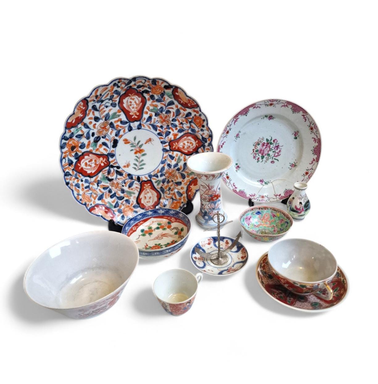 Antique Chinese Porcelain Plate Set, Floral Imari, 19th Century