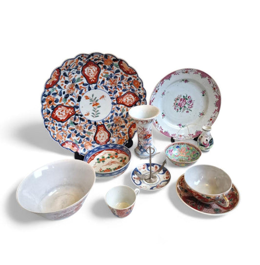 Antique Chinese Porcelain Plate Set, Floral Imari, 19th Century
