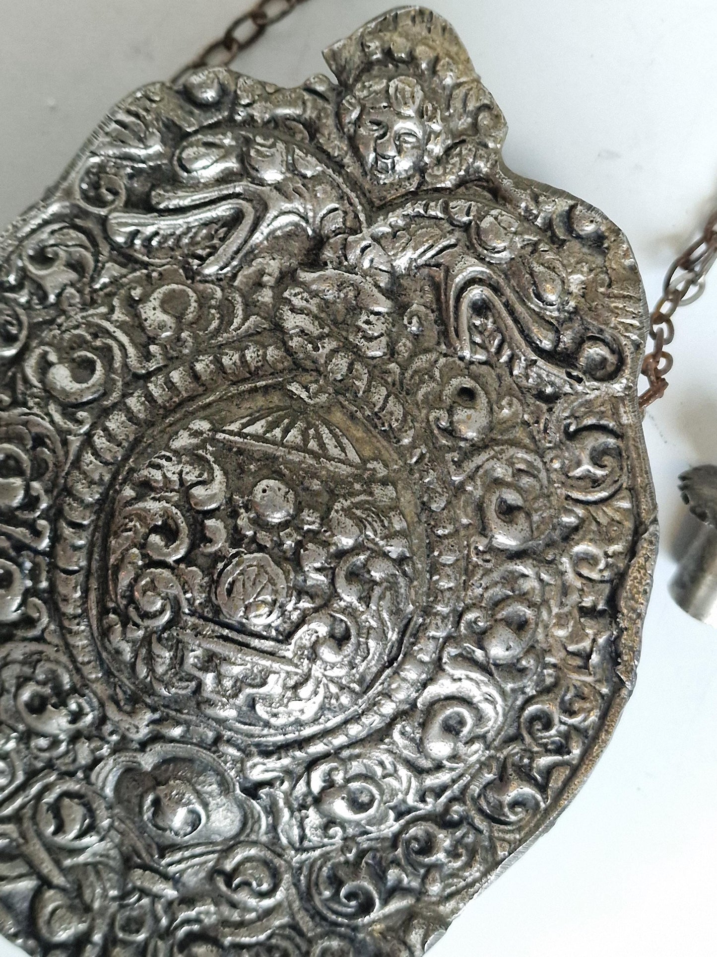 Antique engraved Silver Tone and Bronze Gunpowder Flask- 20th century