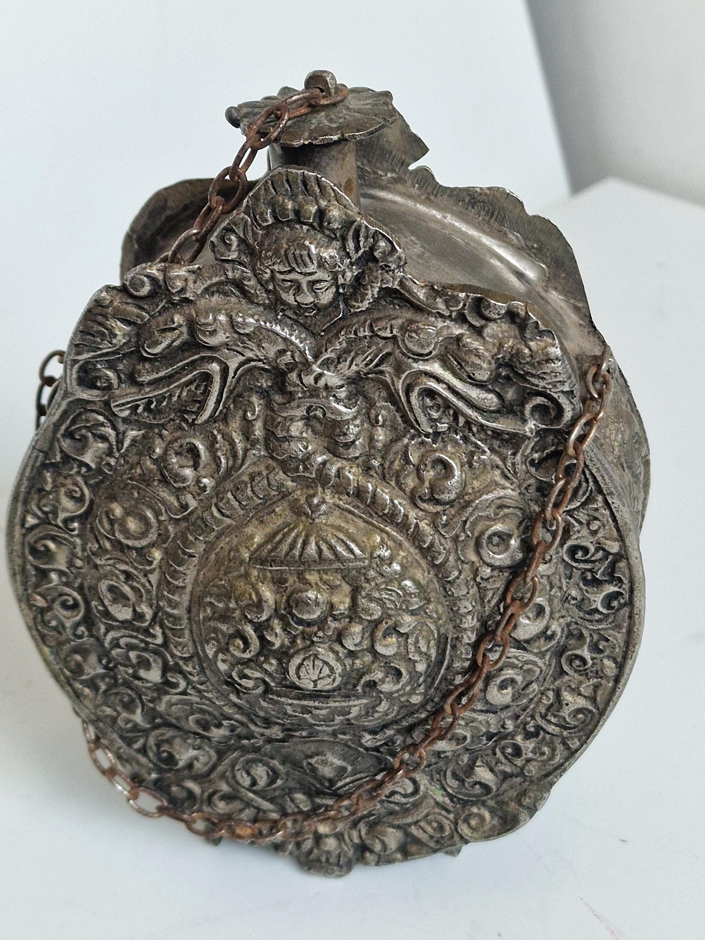 Antique engraved Silver Tone and Bronze Gunpowder Flask- 20th century