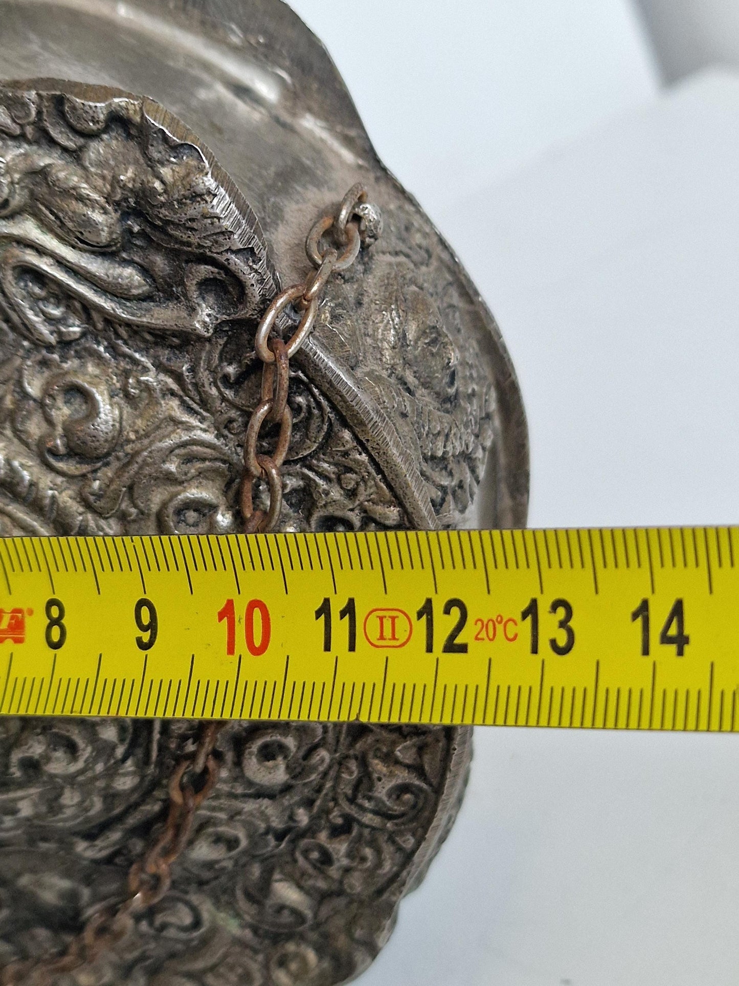 Antique engraved Silver Tone and Bronze Gunpowder Flask- 20th century