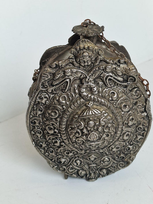 Antique engraved Silver Tone and Bronze Gunpowder Flask- 20th century