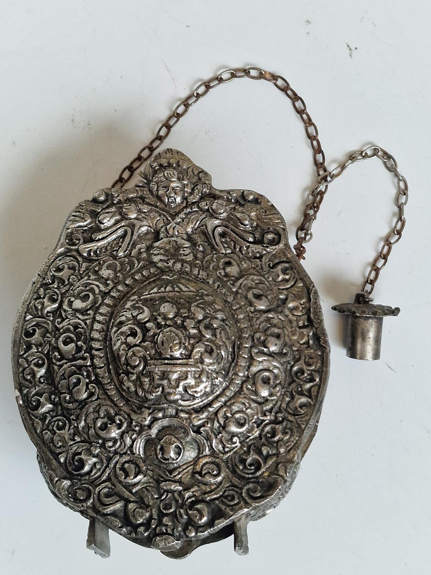 Antique engraved Silver Tone and Bronze Gunpowder Flask- 20th century